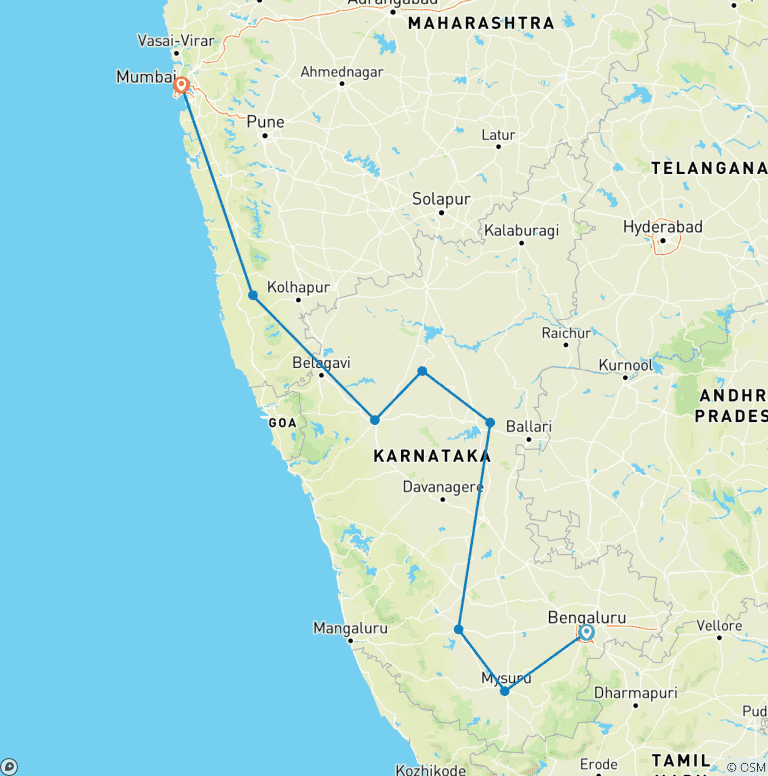 Map of Customized Culture & Beach Family Holiday in India, Daily Depart