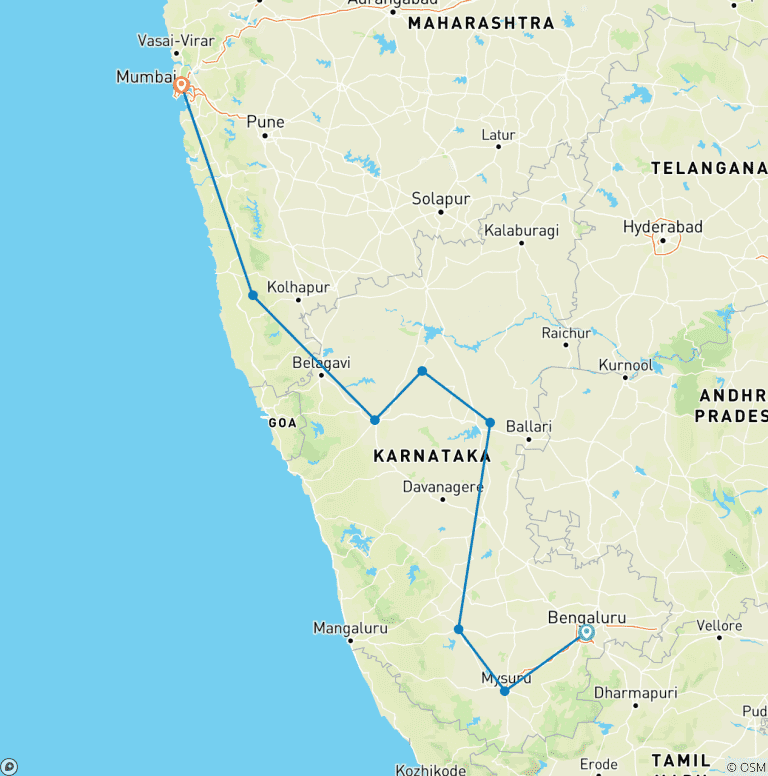 Map of Customized Culture & Beach Family Holiday in India, Daily Depart