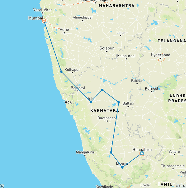 Map of Customized Culture & Beach Family Holiday in India, Daily Depart