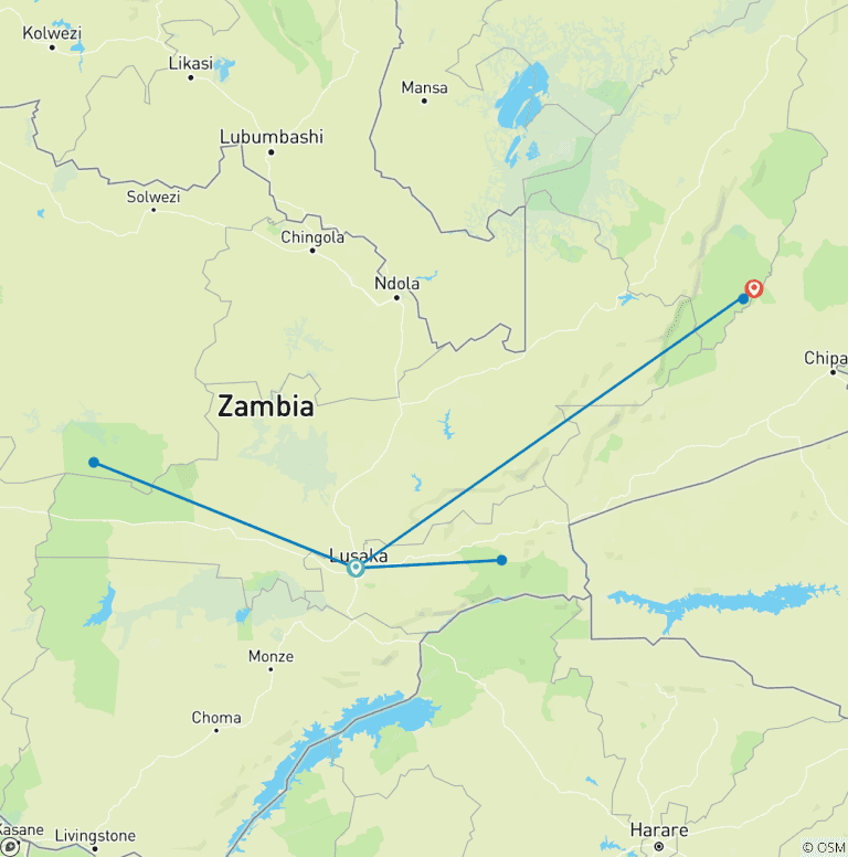 Map of Nyati BIG-5 Classic “Best of Zambia” Safari Experience: Lower Zambezi, Kafue (Busanga Plains) and South Luangwa National Parks – 11 days