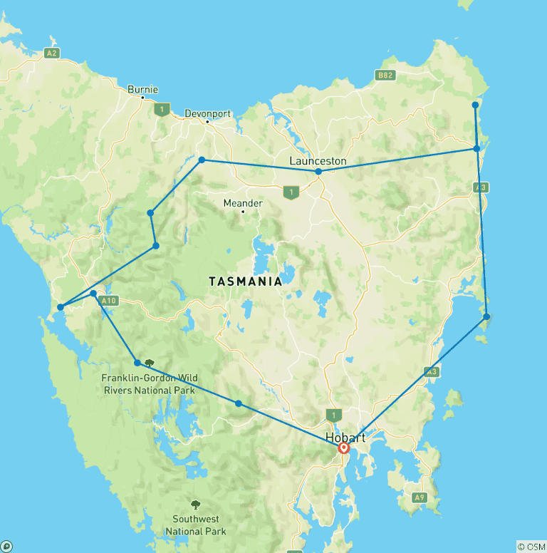 Map of Famous 5 - 5 day Tour of Tasmania