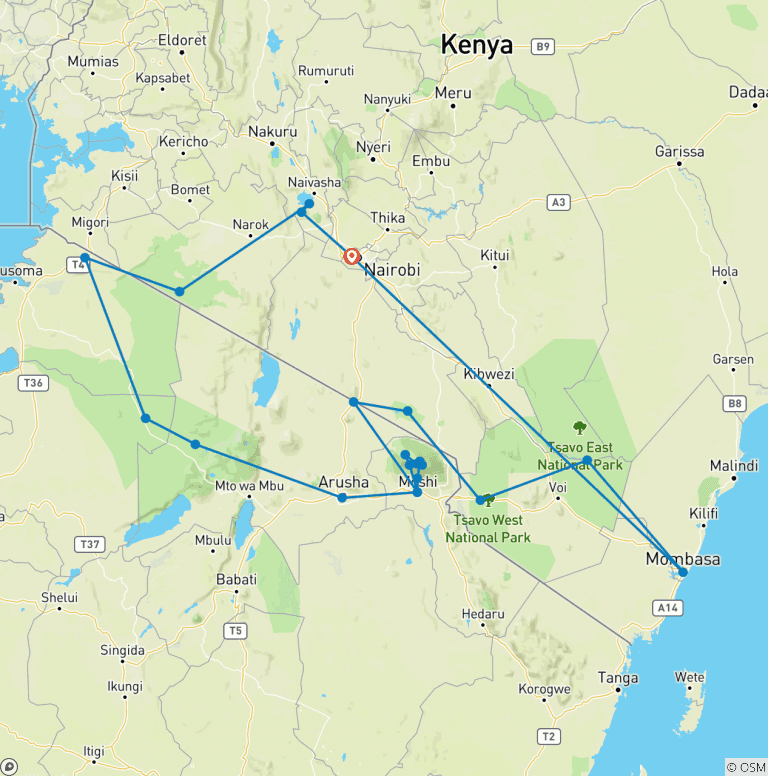 Map of 21 Days Best of Kenya & Tanzania Safari, Mount Kilimanjaro Hike & Diani Beach Holiday- Luxury 4 X 4 Land Cruiser Safari