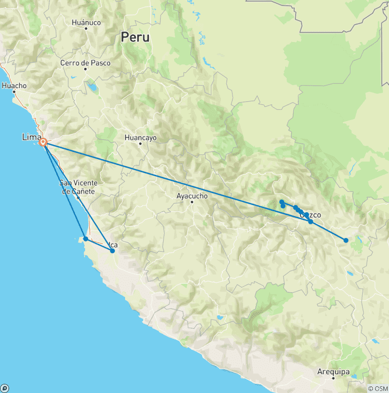 Map of INCA ADVENTURES - 7 Days  (Lima and Cusco - Machupicchu) with Domestic Flights