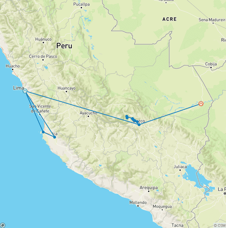 Map of PERU JEWELS - 10 DAYS  (Lima - Cusco & Puerto Maldonado)