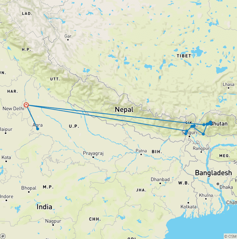 Map of India and Bhutan Tour