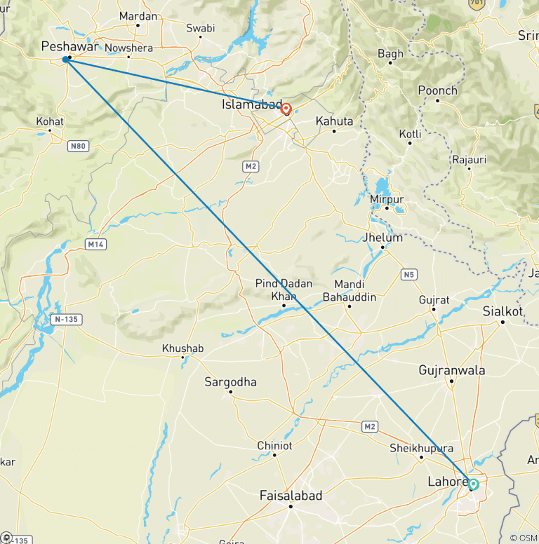 Map of 07 Days Cultural trip Lahore, Swat, Peshawar Valley Pakistan