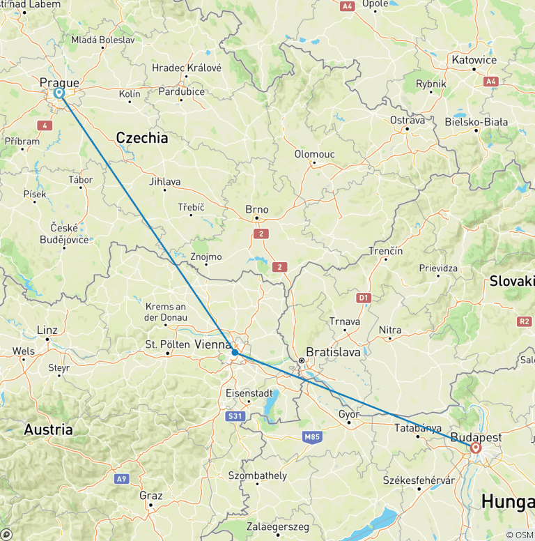 Map of Private Tour: 3 Countries in One Week: Prague - Vienna - Budapest