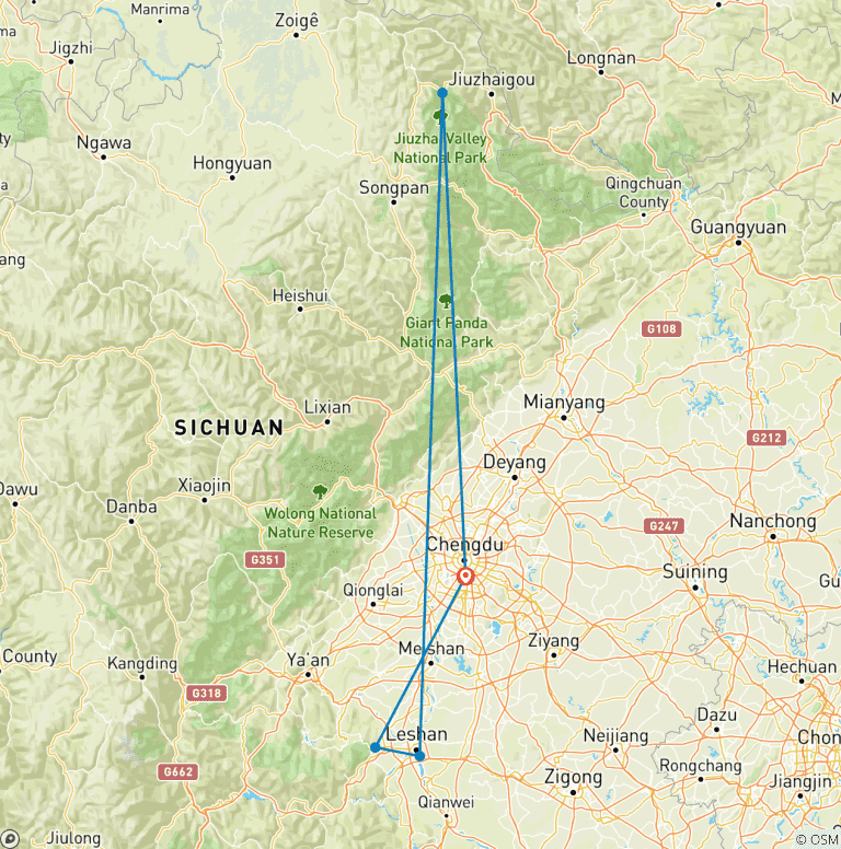 Map of 14 Day Walking Tour to Sichuan’s UNESCO World Heritages, Sichuan Province, China
