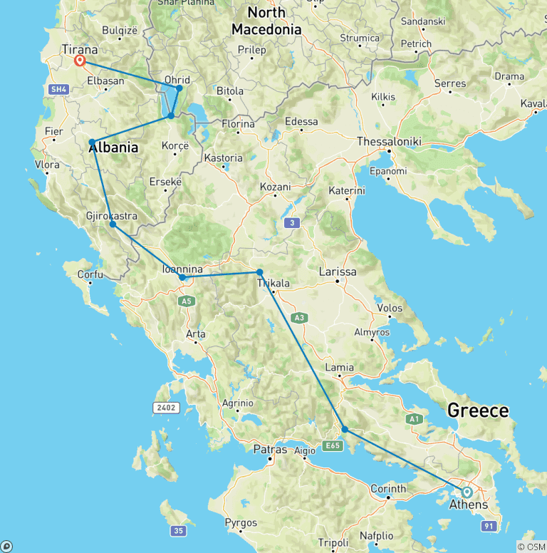 Map of Semi-Private Tour from Athens to Tirana; Greece, Albania & N. Macedonia