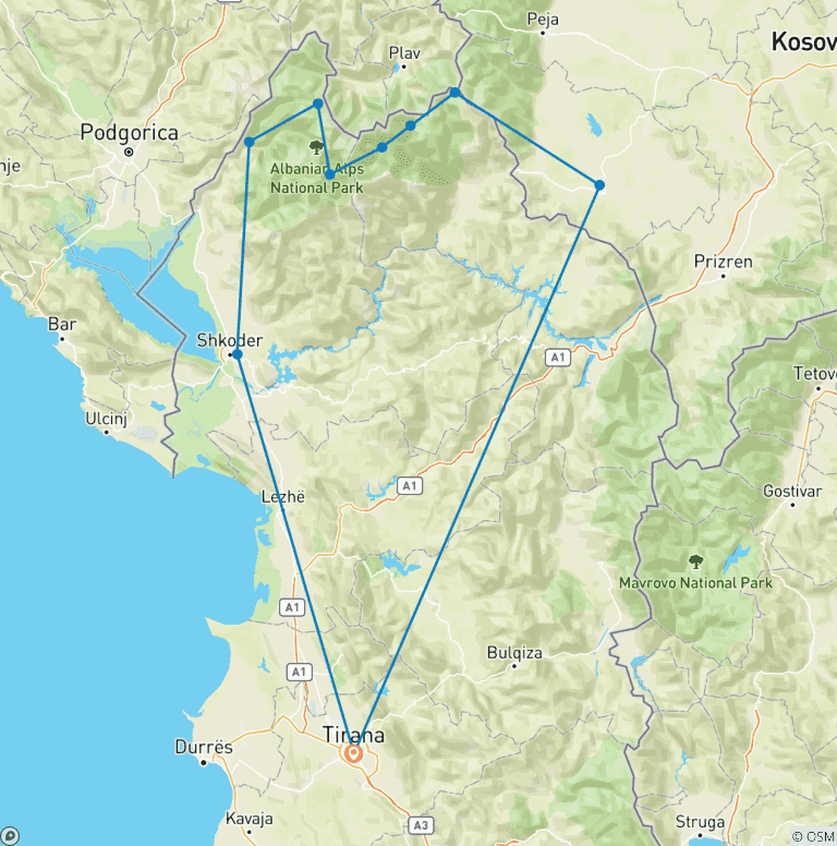 Map of Semi – Private Hiking Tour; Peaks of the Balkans Trail in 7 Days