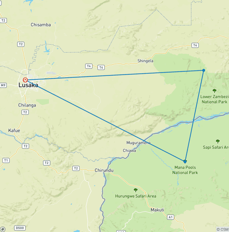 Map of Fabulous Lower Zambezi and ManaPools National Parks wildlife-focused safari (7 Days)