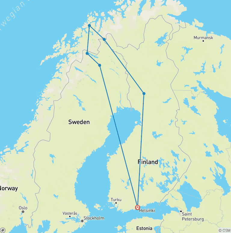 Map of Grand Lapland Tour - Finland, Sweden and Norway with activities