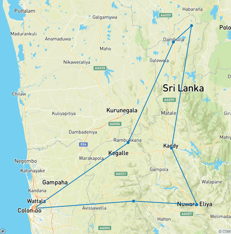Map of 2 Nights 3 Days Sri Lanka Package
