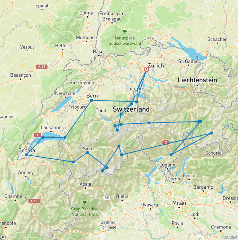 Map of Country Roads of Switzerland (Small Groups)