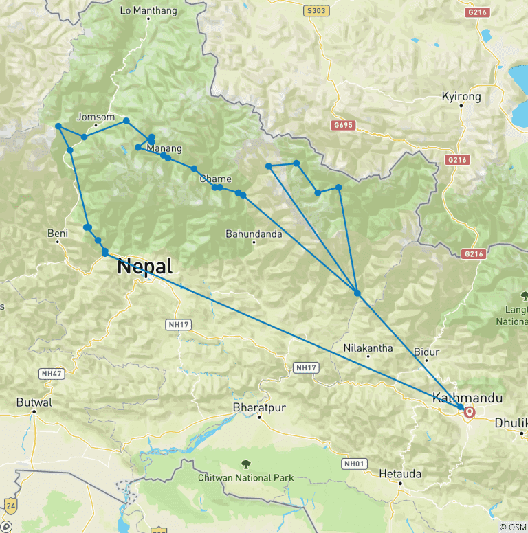Map of Manaslu and Annapurna Circuit Trekking