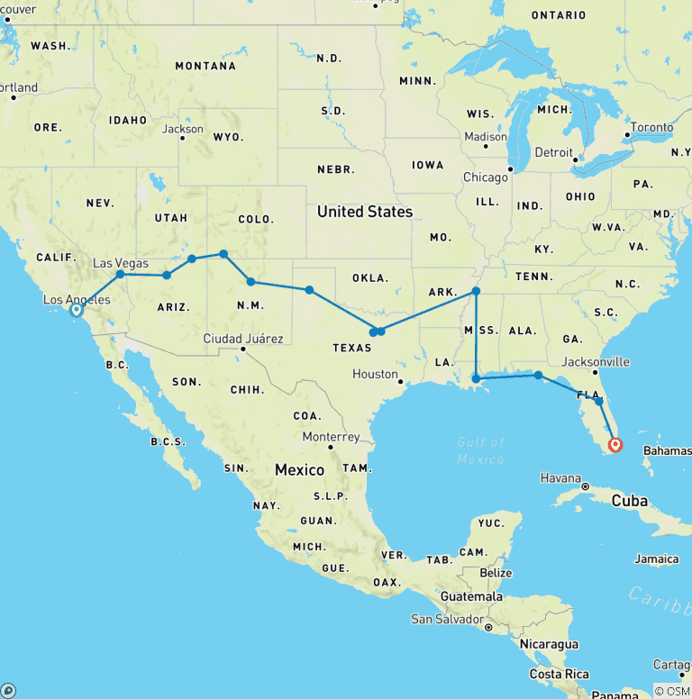 Map of USA: LA to Miami