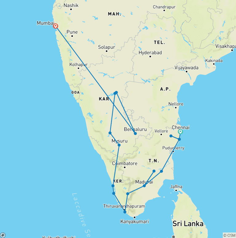 Map of 20 DAYS MAGICAL SOUTH INDIAN TOUR FROM CHENNAI (ALL INCLUSIVE)