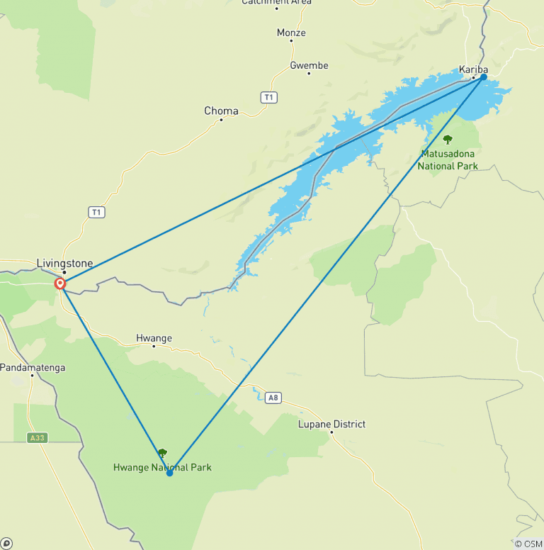 Map of 9 Days Victoria Falls, Hwange National Park & Kariba