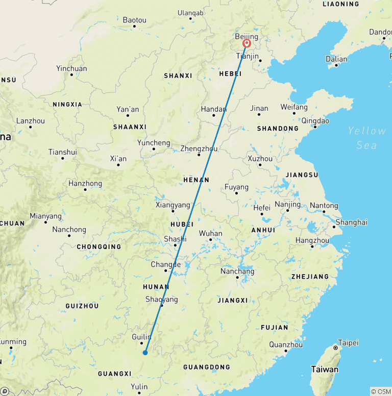 Map of Private 3-Day Tour to Yangshuo in Guilin by Round-way Flight from Beijing