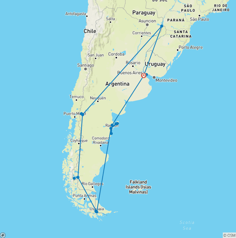 Map of Full Patagonia & Falls in 18 Days