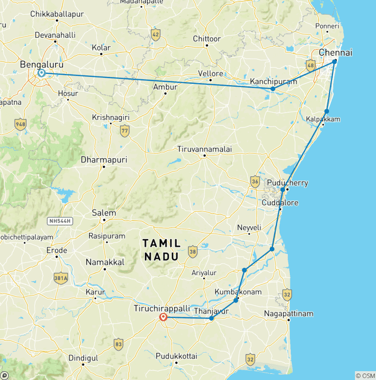Map of Temple Trail: A Journey from Bangalore to Trichy