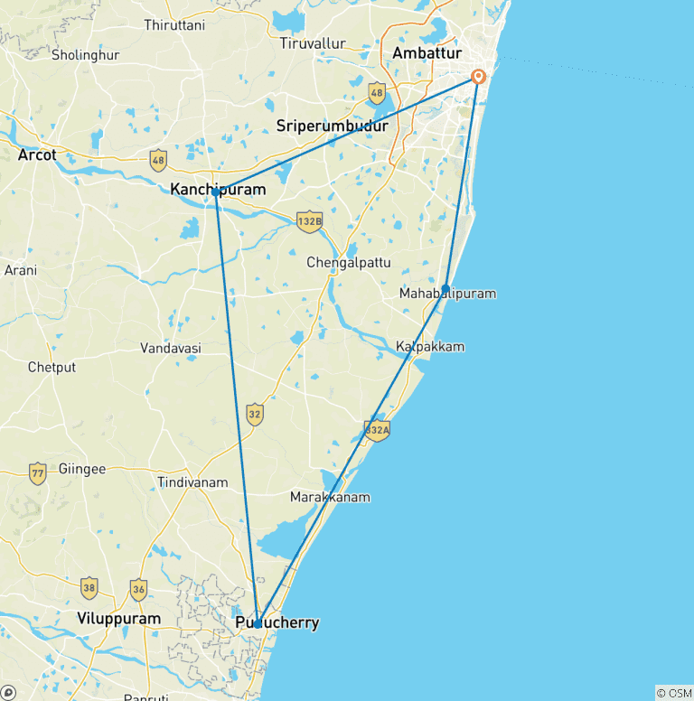 Map of Cultural Marvels Circuit: Chennai to Pondicherry