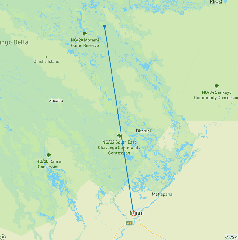 Map of 3-Day Okavango Delta & Boteti River Tented Safari