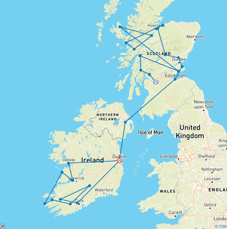 Map of Scottish & Irish Dream - 14 Days/13 Nights (30 destinations)