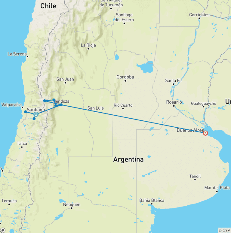 Map of 10 Days Unique Experience for WINE Lovers @ Argentina and Chilean Premium Vineyards
