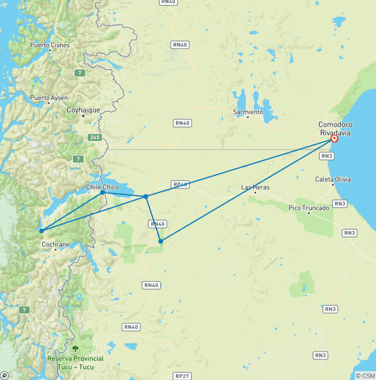 Map of Argentina & Chile: Cave of Hands & Bertrand Port 7 days