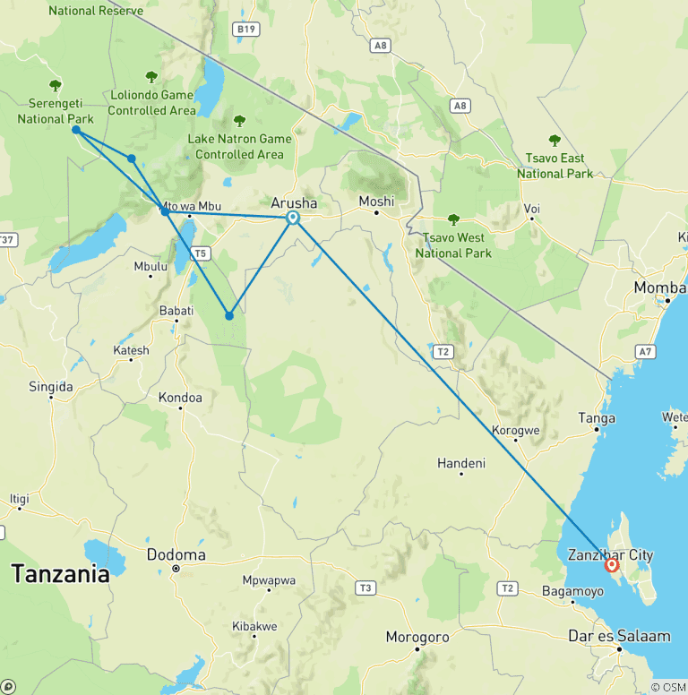 Map of 14-Day Best of Tanzania Wilderness Safari Cultural Experience and Zanzibar Beach Holiday