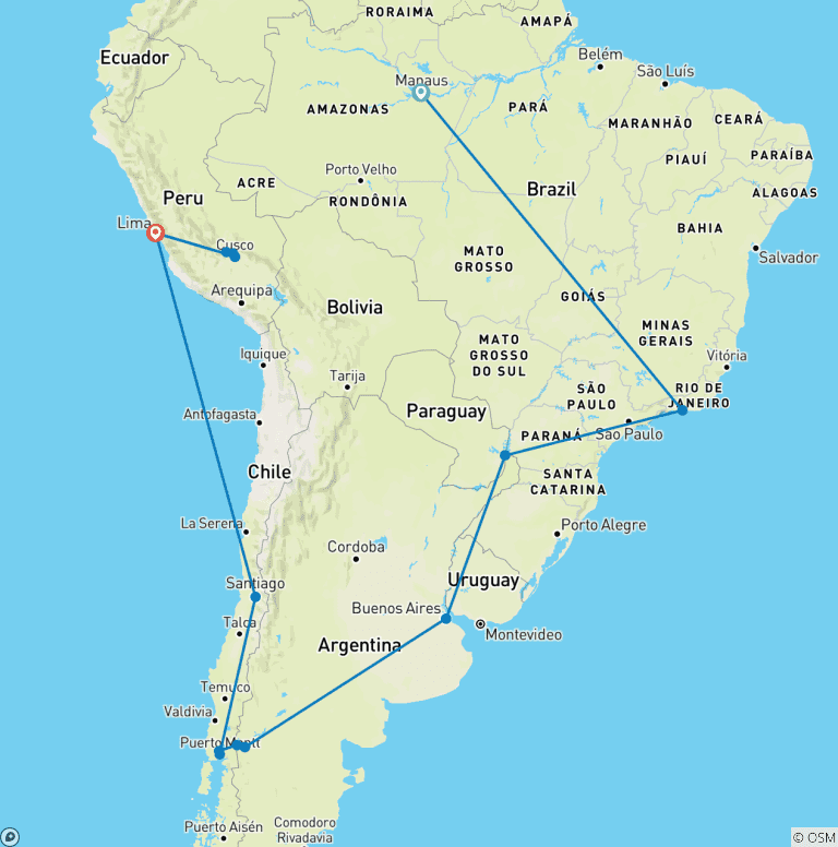 Map of South American Odyssey with Amazon & Peru