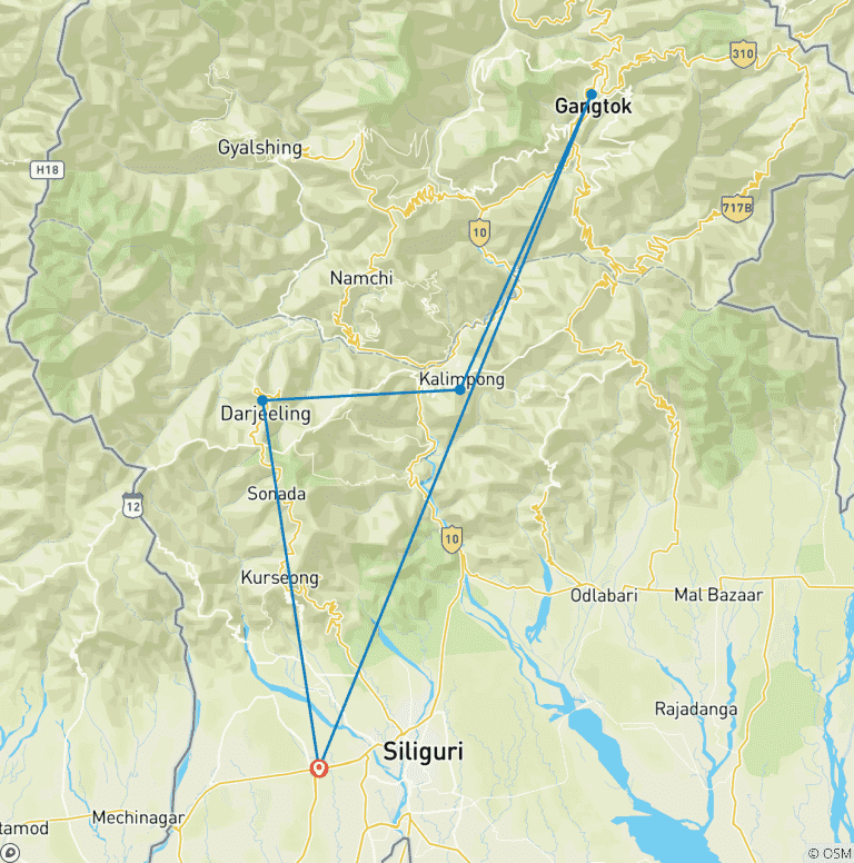 Map of Tea Gardens and Monasteries of Darjeeling and Gangtok