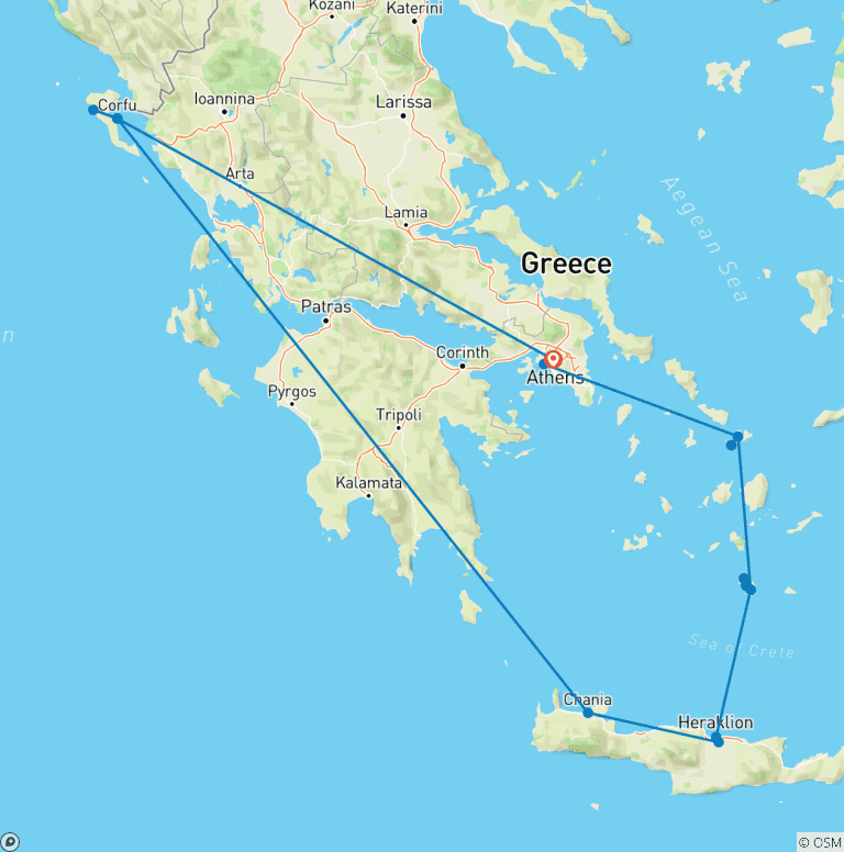 Map of Mykonos, Santorini, Crete & Corfu: 13-Day Island Hopping Tour