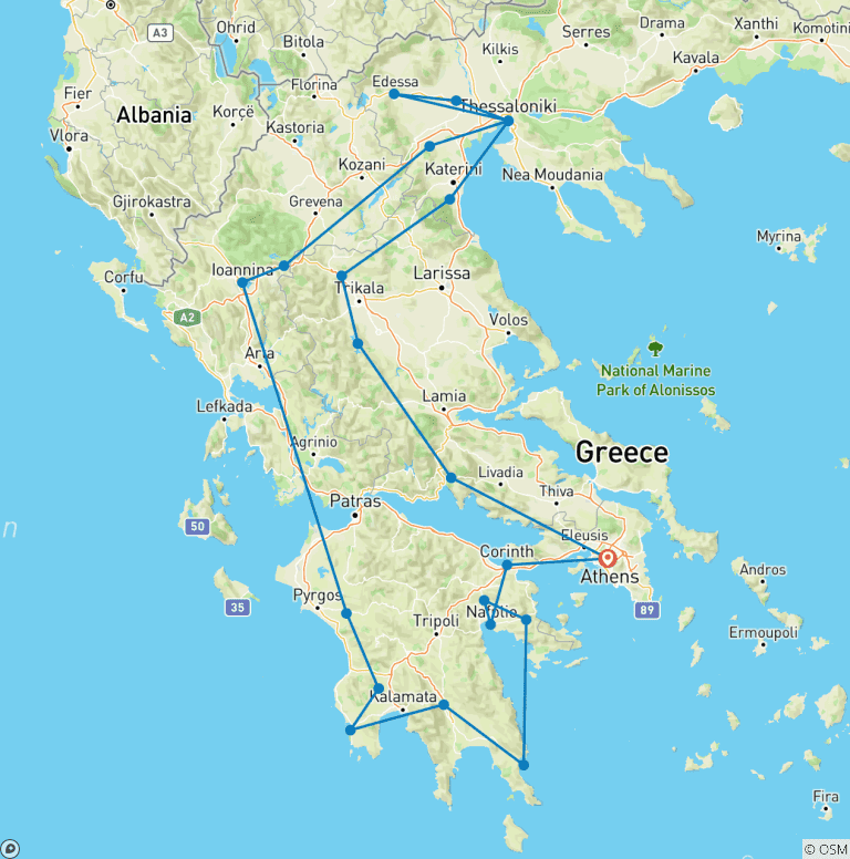 Map of 17-Day Greece Cultural and Historical Tour with Saronic Island Cruise