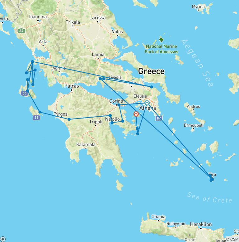 Map of 17-Day Tour, Zakynthos, Kefalonia, Lefkada, Meteora, Delphi & Santorini