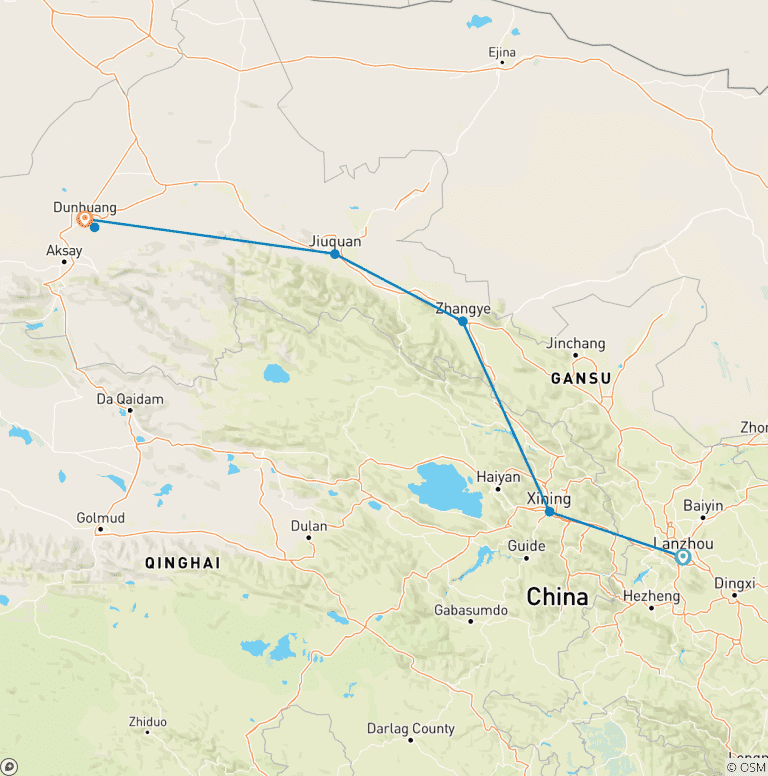 Map of China Silk Road Discovery: Lanzhou, Xining, Zhangye, Jiayuguan and Dunhuang