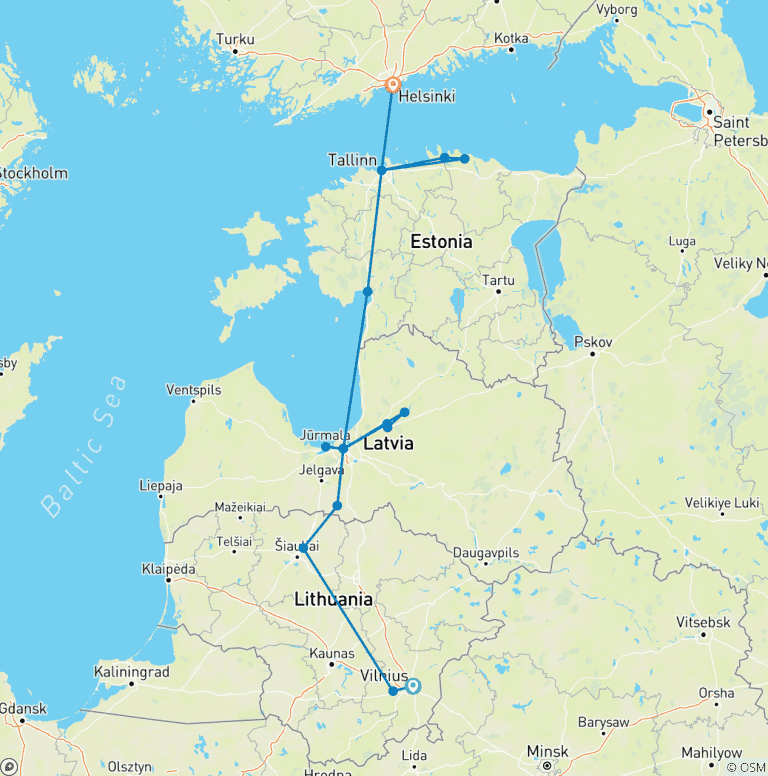 Map of Capitals Journey of Lithuania, Latvia, Estonia & Finland - 10 Days