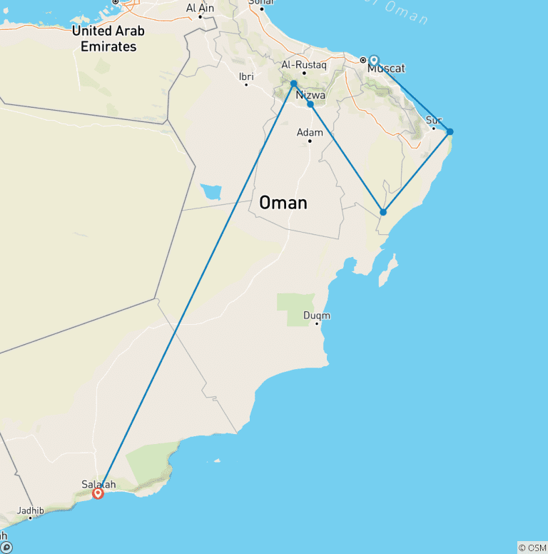 Map of CLASSICAL SULTANATE OF OMAN - Group Tour of Muscat, Ras Al Had, Wahiba, Nizwa, Jebel Shams & Salalah