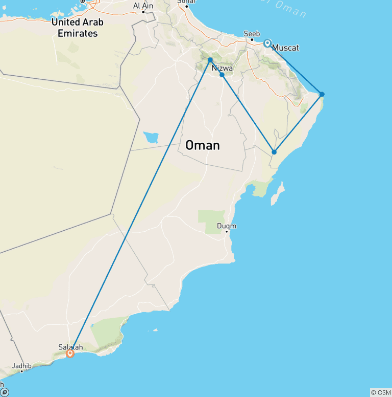 Map of CLASSICAL SULTANATE OF OMAN - Group Tour of Muscat, Ras Al Had, Wahiba, Nizwa, Jebel Shams & Salalah