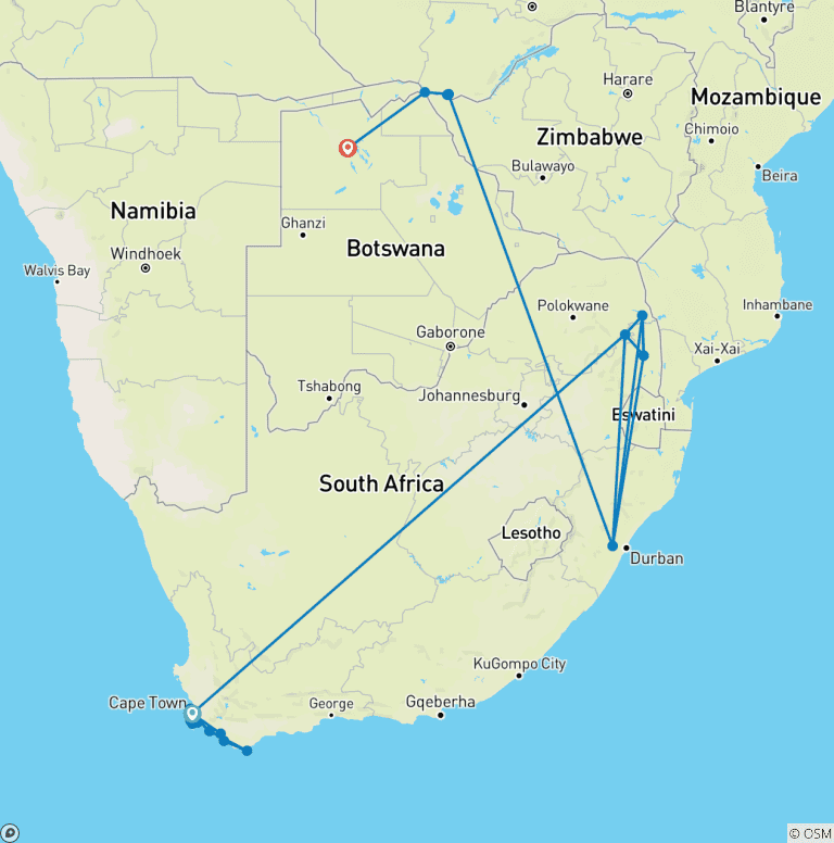 Map of 13-Days: Cape Town, Kruger Park. Victoria Falls & Botswana Tour.