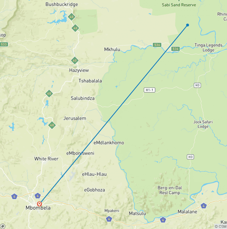 Map of 5- Day Luxury Savanah Game Lodge & Sabi Sand Private Safari Tour Package.
