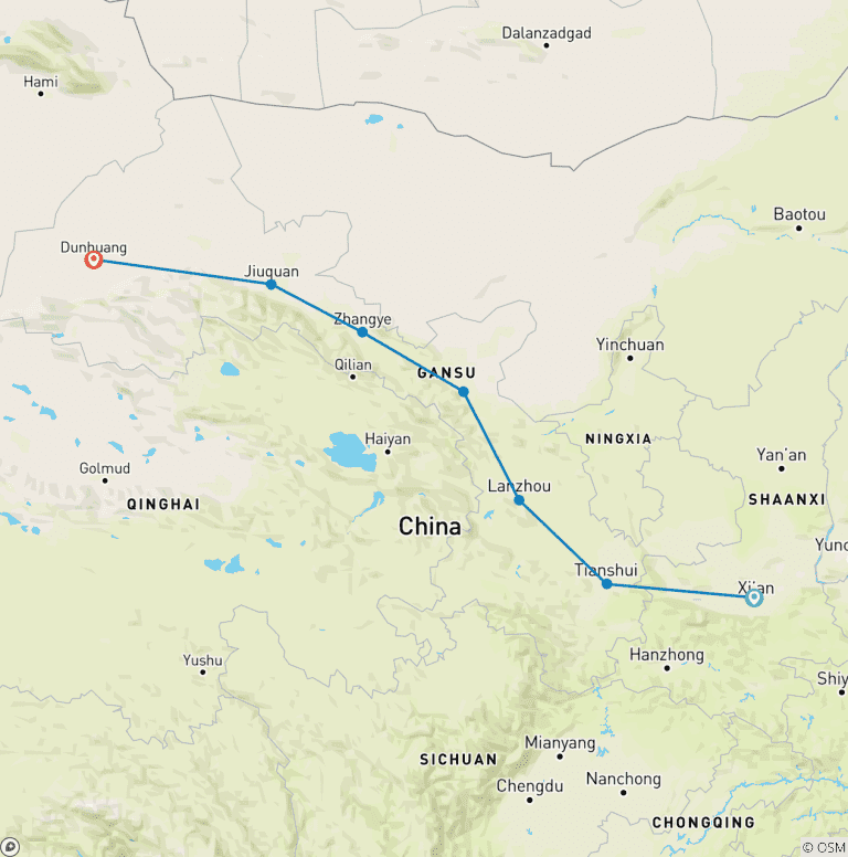 Map of Special Silk Road 9D: Xian, Tianshui, Yongtai, Wuwei, and Zhangye