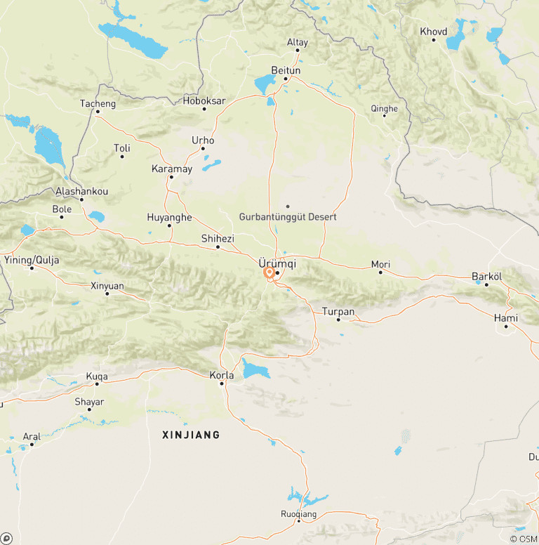 Map of Amazing Northern Xinjiang 8-Day Tour: Urumqi, Tianchi, Hemu, Kanas, Ghost City, Dushanzi Canyon