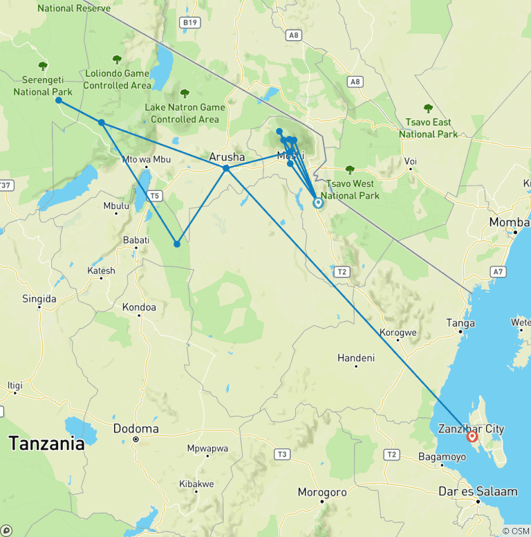 Map of TANZANIA – Kilimanjaro with Safari & Zanzibar