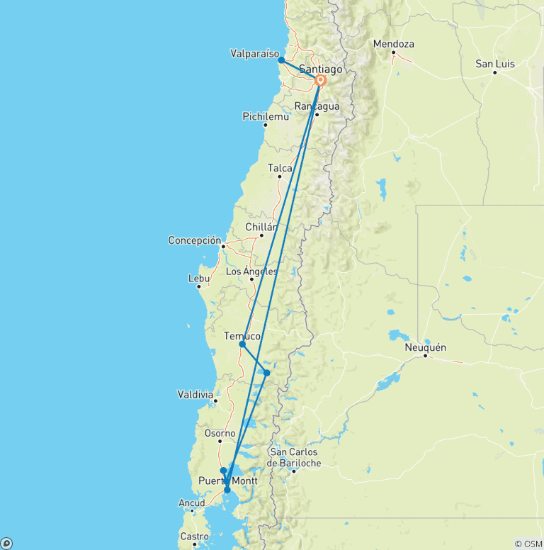Map of Tailor-Made Chile Holiday to Santiago and Lakes District with Daily Departure