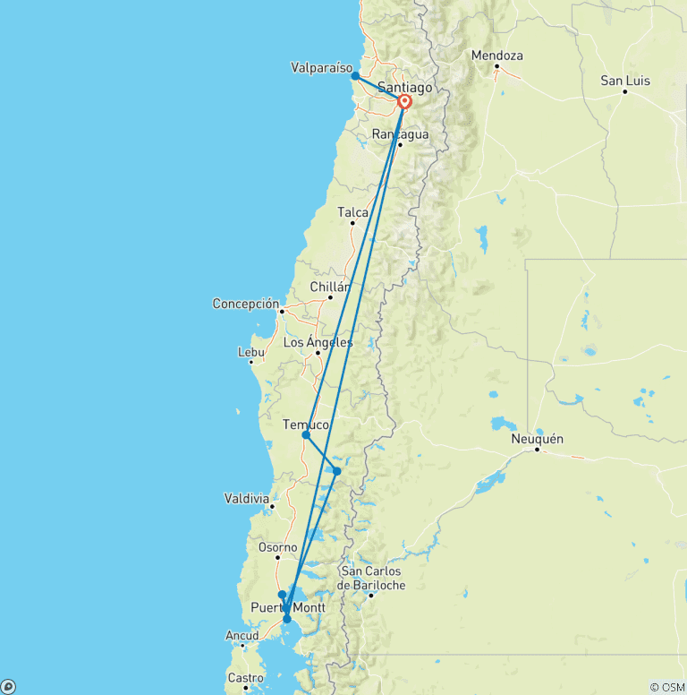 Map of Tailor-Made Chile Holiday to Santiago and Lakes District with Daily Departure