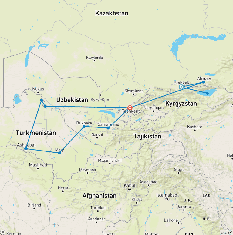 Map of Central Asia 16 days Start in Bishkek