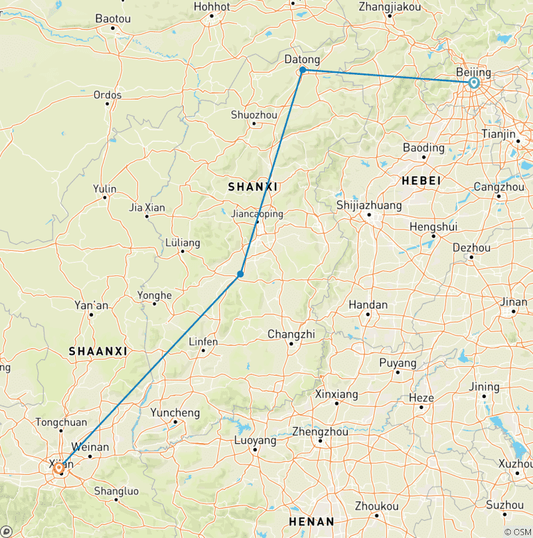 Map of Beijing to Datong, Hanging Monastery, Pingyao, and Xian by Bullet Train