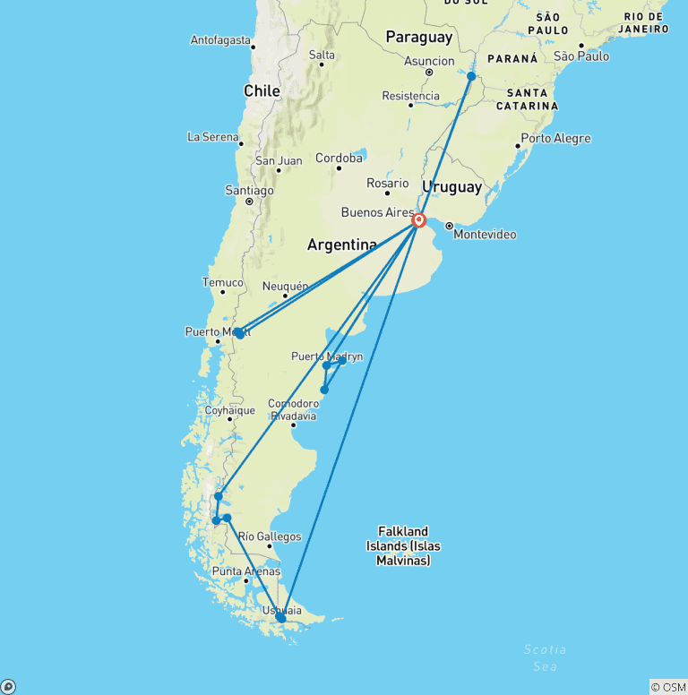 Map of Tailor-Made 19-Day Patagonia Wildlife Tour, Daily Start & Private Guide
